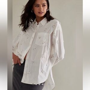 Anthropologie Maeve Bennet Cotton Pearl & Sequin Embellished Button Up Shirt, XS